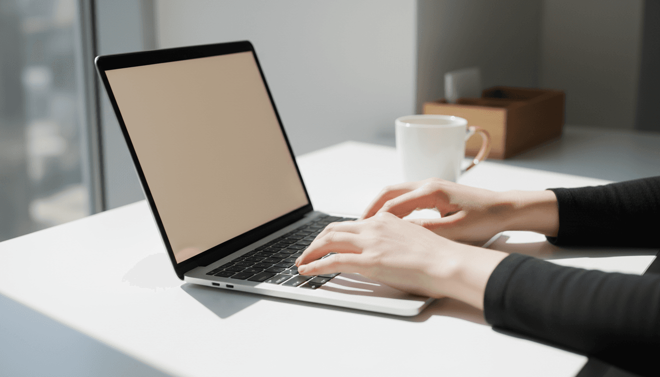 Designer working on a laptop at a bright, modern workspace